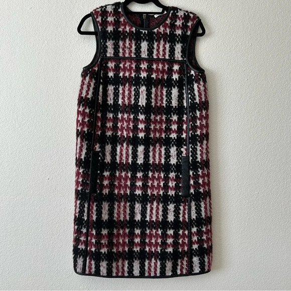 Tomas Maier Tweed Plaid Dress Size 4 Red Black Leather Trim Mod. - Picture 1 of 9